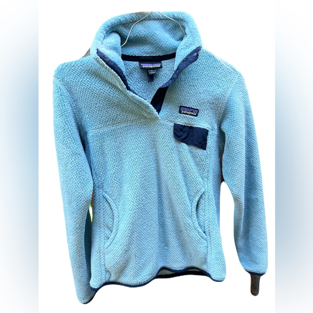 Patagonia Light Blue Fleece Pullover with Navy Trim